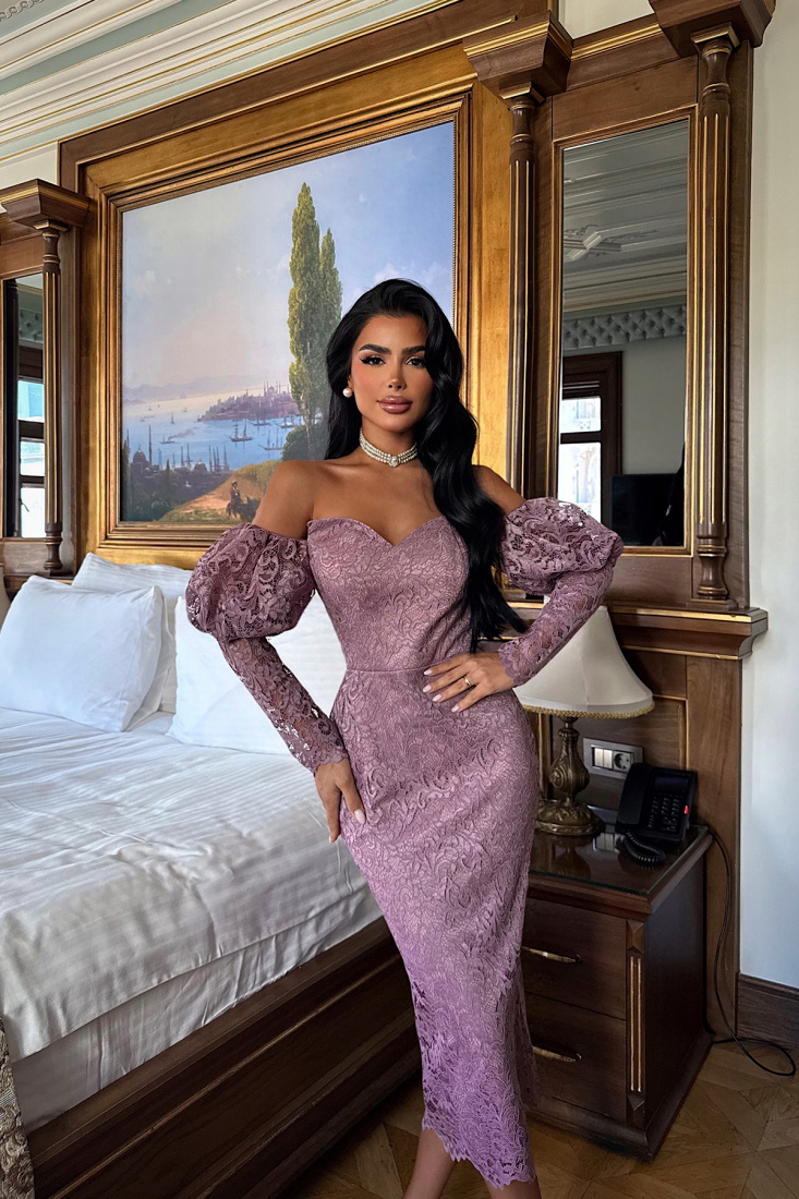 Gül Kurusu Maude Dantelli Midi Boy Elbise ATE-3388 - EYYO