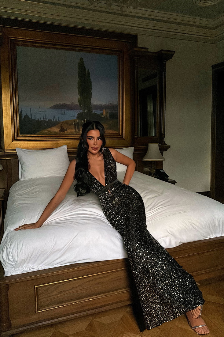 Gümüş Loretta uzun payetli elbise ATE-4552 - EYYO