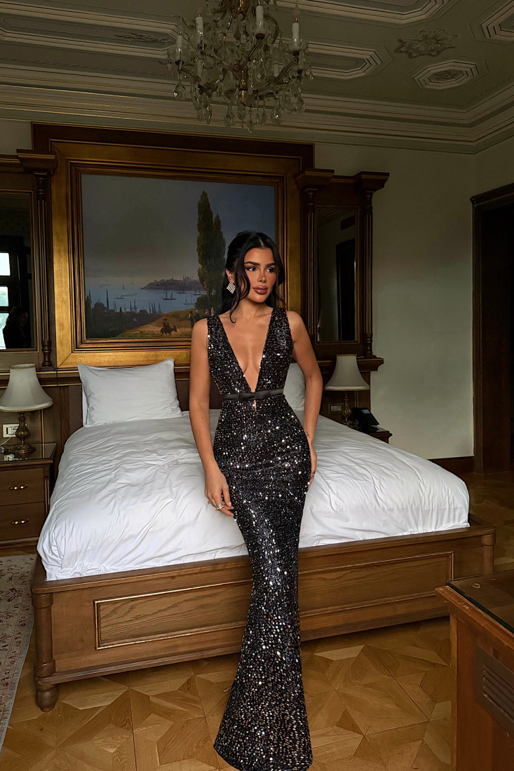 Gümüş Loretta uzun payetli elbise ATE-4552 - EYYO