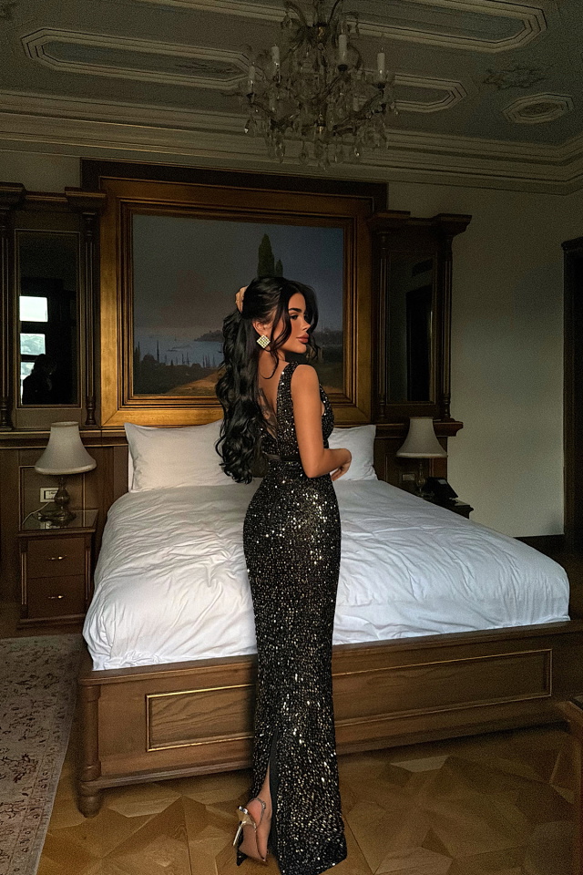 Gümüş Loretta uzun payetli elbise ATE-4552 - 4