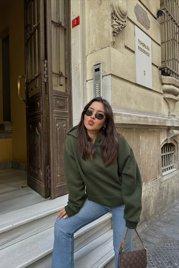 Haki Arkası Baskılı Oversize Sweat ATE3498 - EYYO