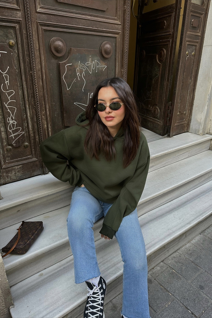 Haki Arkası Baskılı Oversize Sweat ATE3498 - EYYO