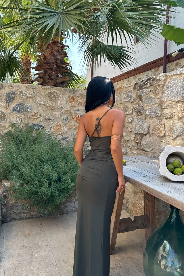 Haki Derin Yırtmaçlı Elbise ATE8181 - 5