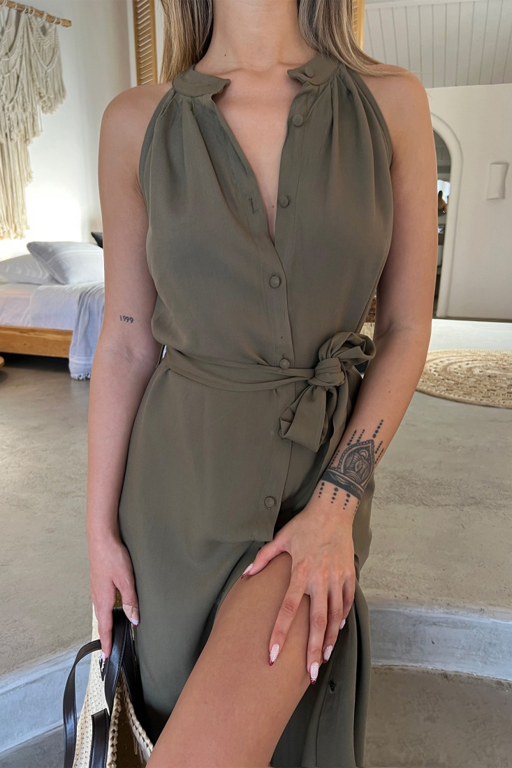 Haki Bağlamalı Uzun Elbise ATE4512 - EYYO