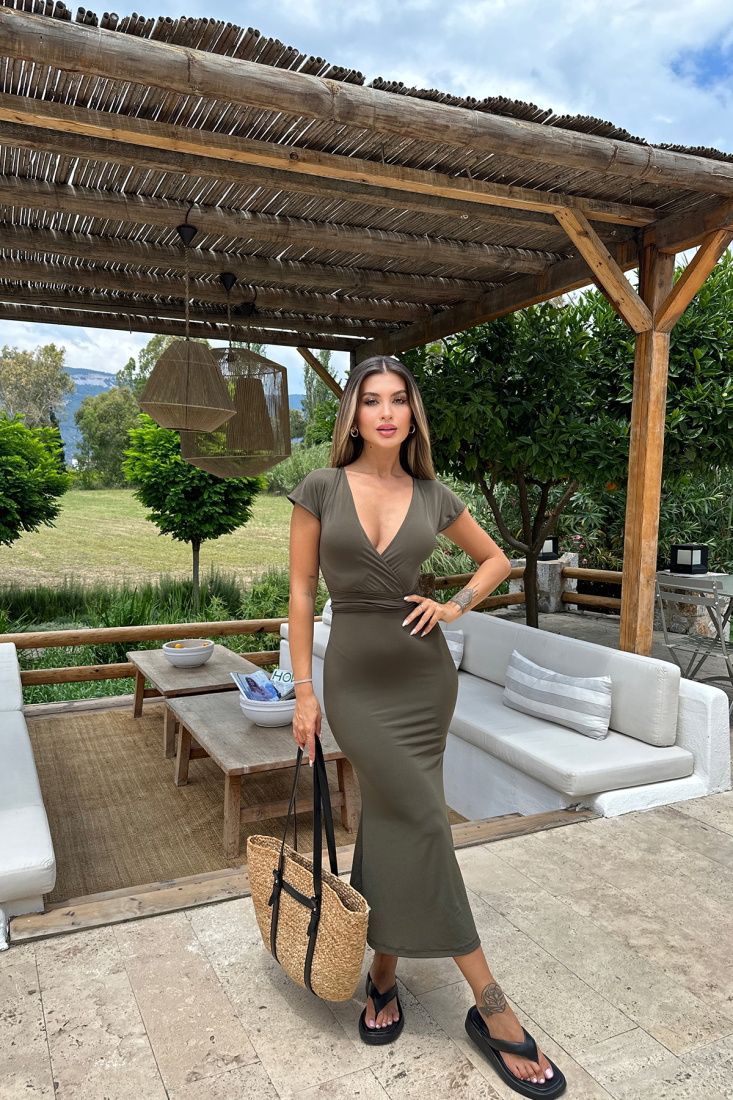 Haki Bağlamalı Uzun Elbise ATE7252 - EYYO