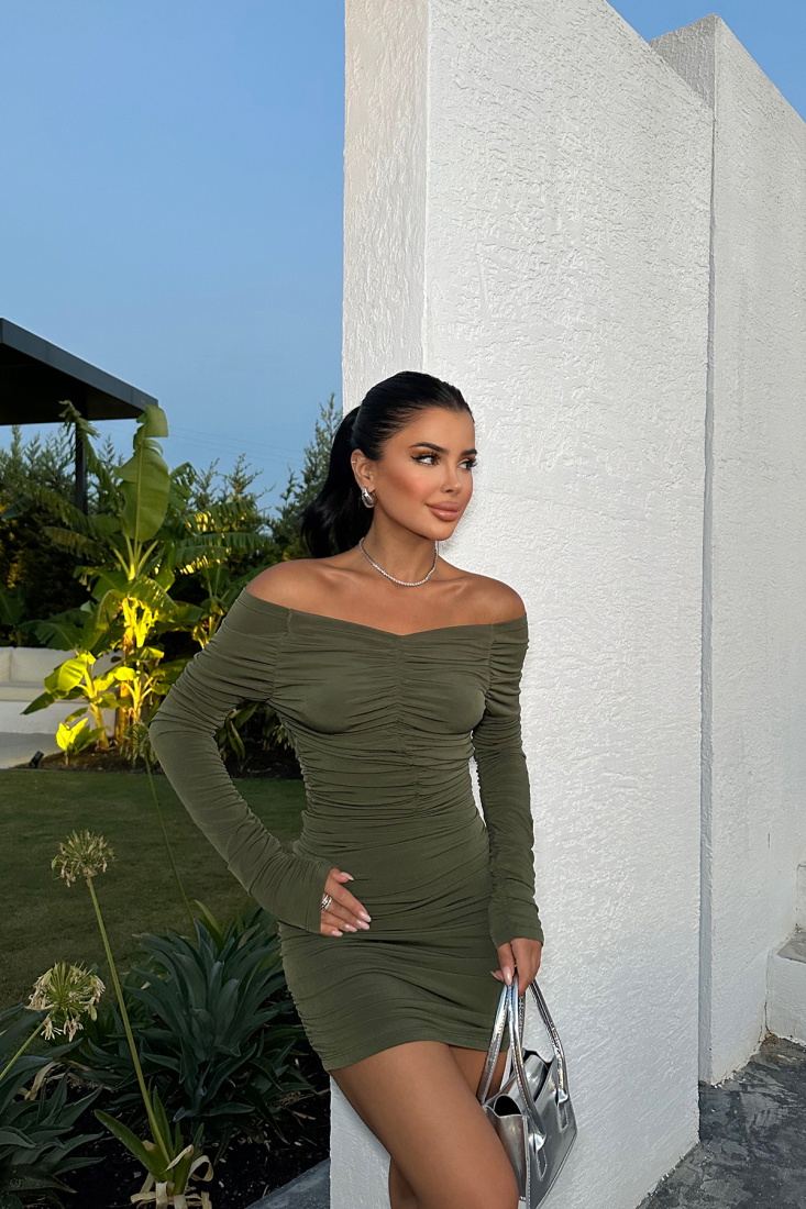 Haki Büzgülü Mini Elbise ATE8450 - EYYO