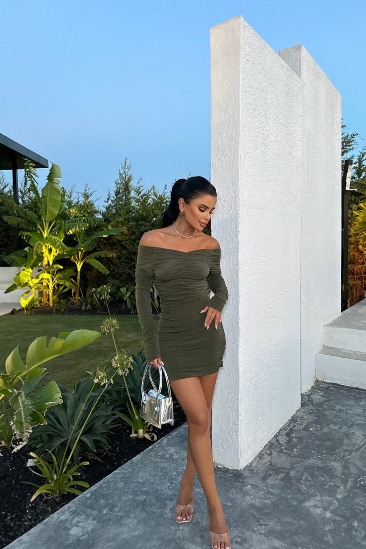 Haki Büzgülü Mini Elbise ATE8450 - EYYO