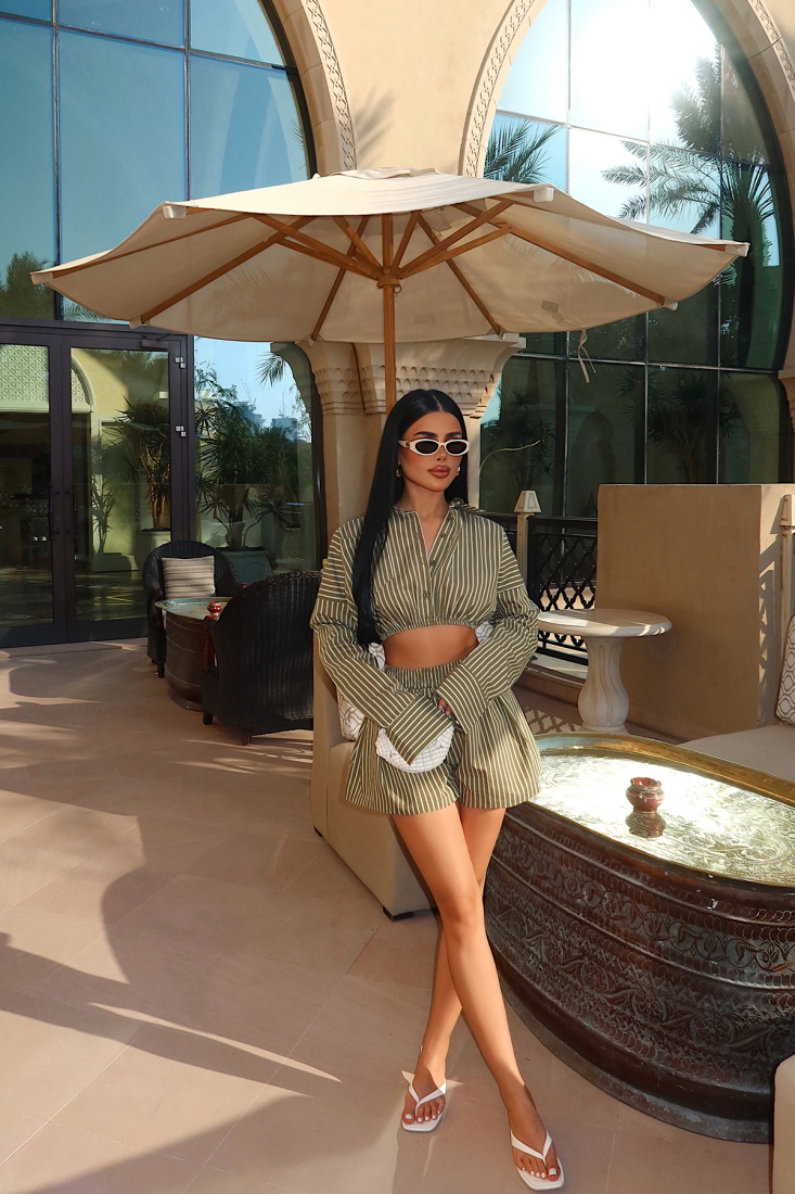 Haki Opaleye Çizgili Şortlu Gömlek Takım ATE-4694 - EYYO