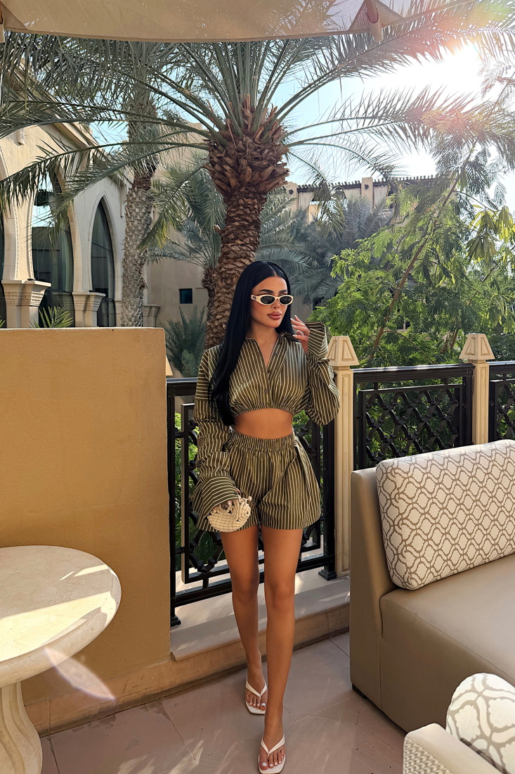 Haki Opaleye Çizgili Şortlu Gömlek Takım ATE-4694 - EYYO