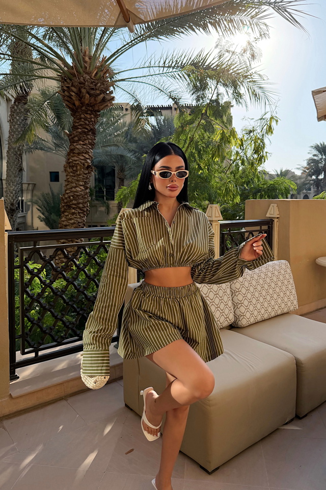 Haki Opaleye Çizgili Şortlu Gömlek Takım ATE-4694 - 3