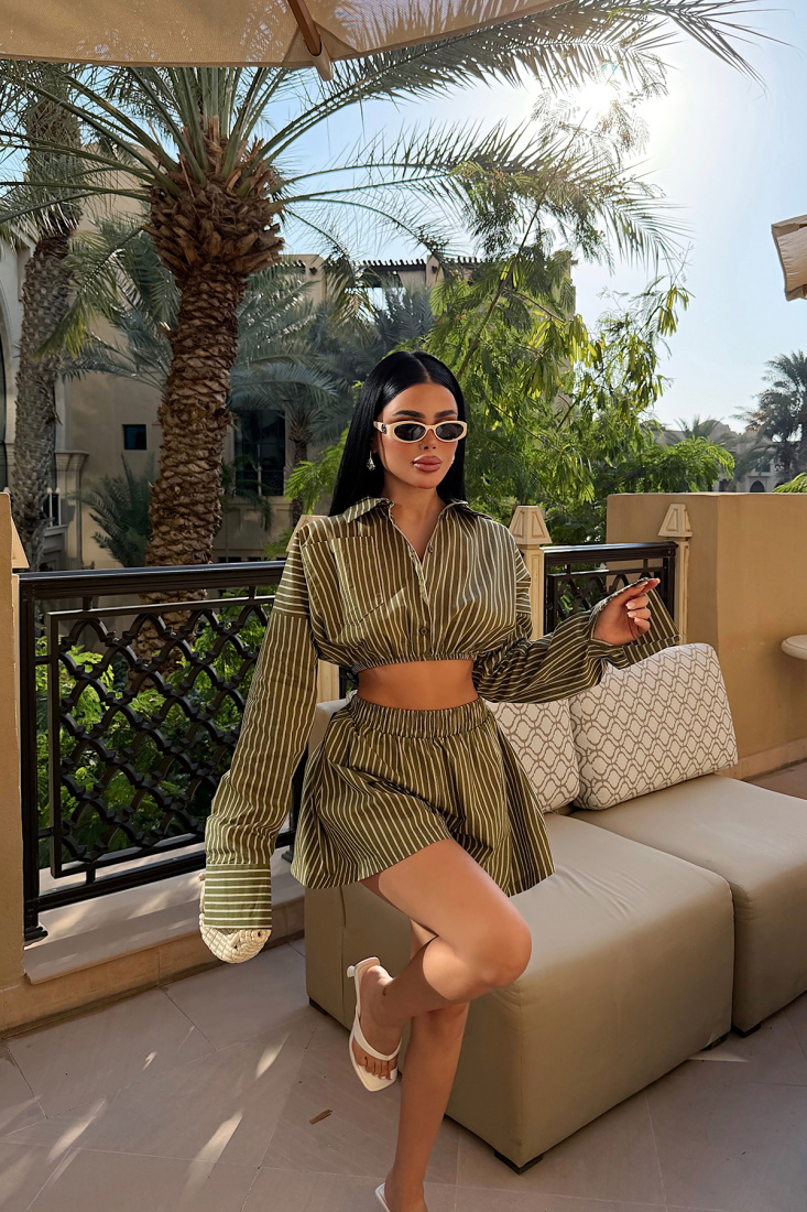 Haki Opaleye Çizgili Şortlu Gömlek Takım ATE-4694 - EYYO