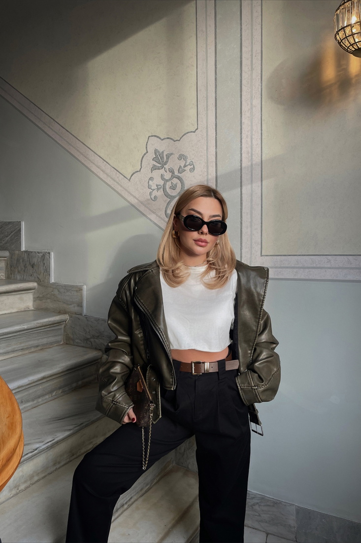 Haki Deri Fermuarlı Ceket ATE3545 - EYYO