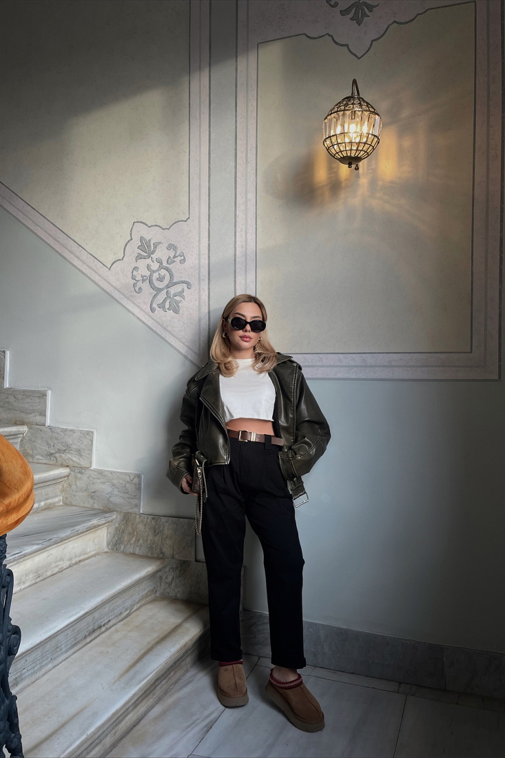 Haki Deri Fermuarlı Ceket ATE3545 - EYYO