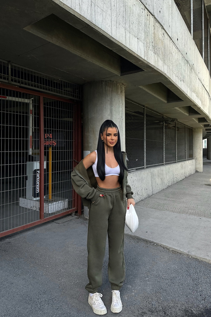 Haki Fermuar Detay Pantolonlu Takım ATE-0787 - EYYO