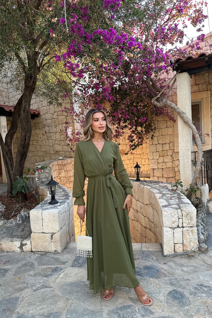 Haki Bağlamalı Uzun Elbise ATE7810 - EYYO