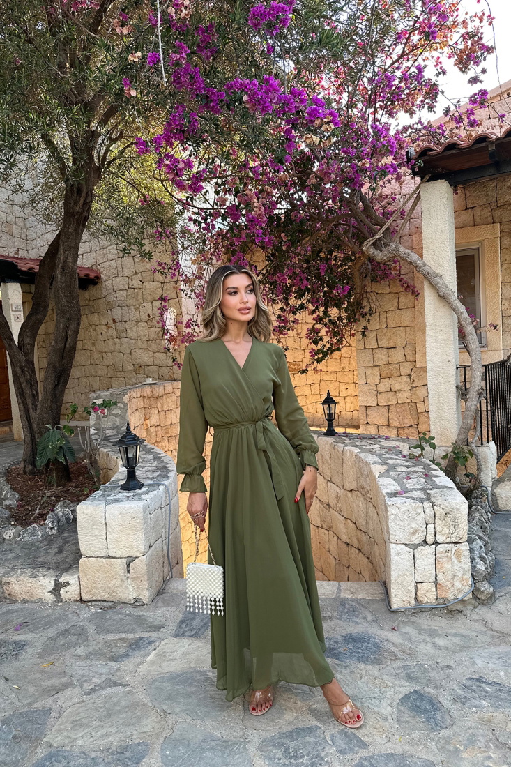 Haki Bağlamalı Uzun Elbise ATE7810 - EYYO