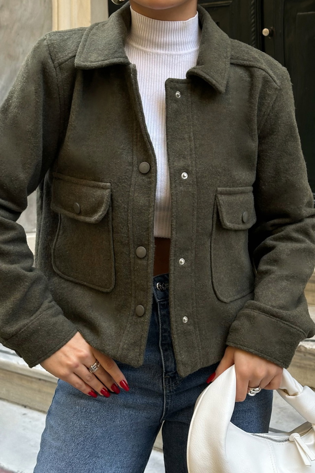 Haki Gömlek Yaka Cep Detay Ceket ATE-0784 - 2