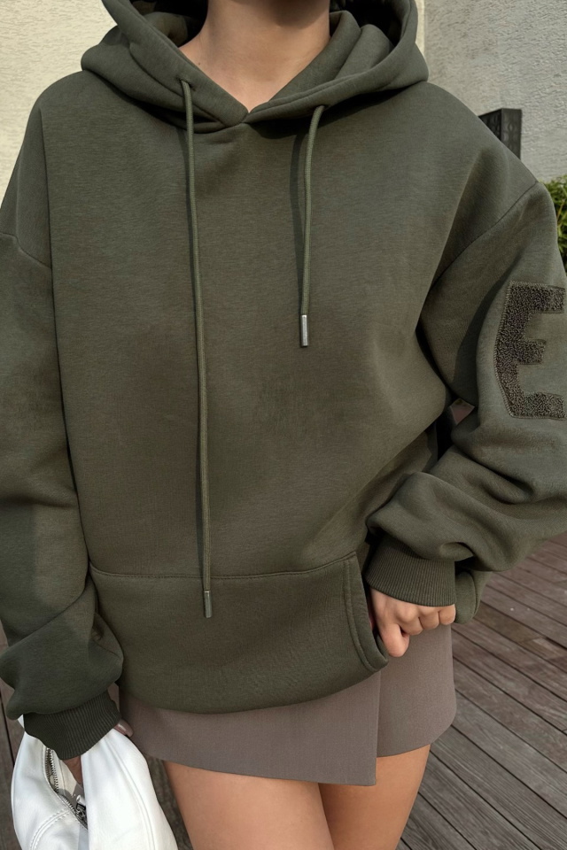 Haki Kapşonlu E Nakışlı Sweat ATE-0752 - 2