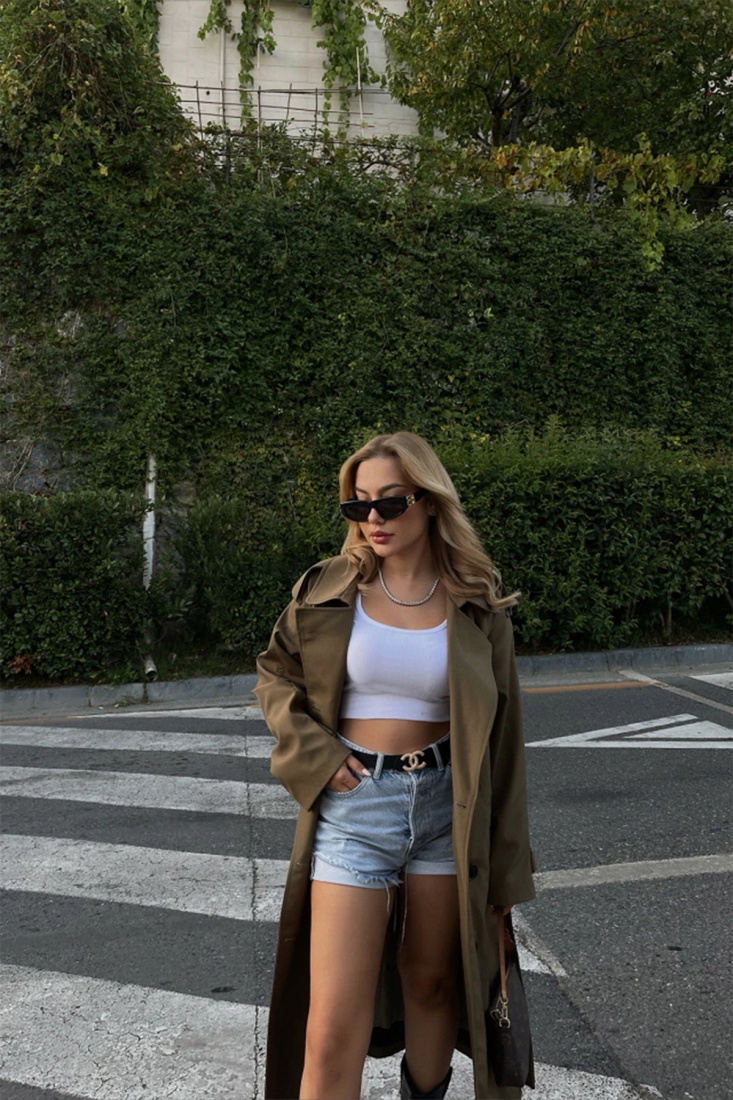 Haki Kolları Kemerli Trenckot ATE-4971 - EYYO