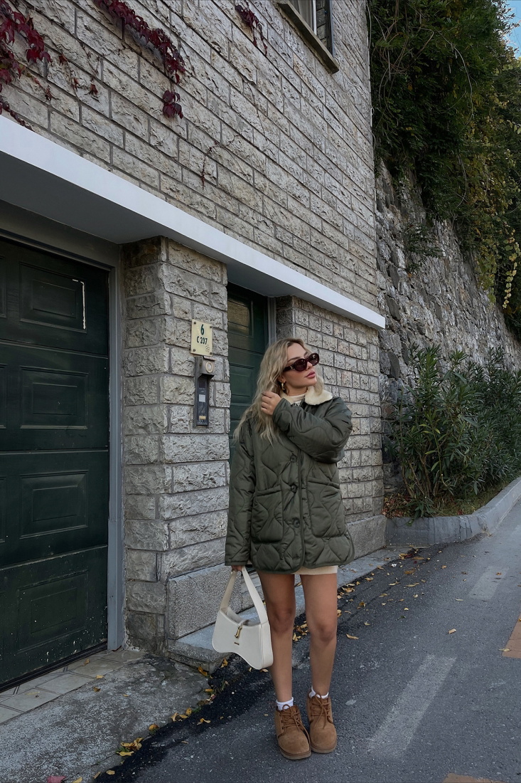 Haki Kürk Detay Kapitone Mont ATE2448 - EYYO