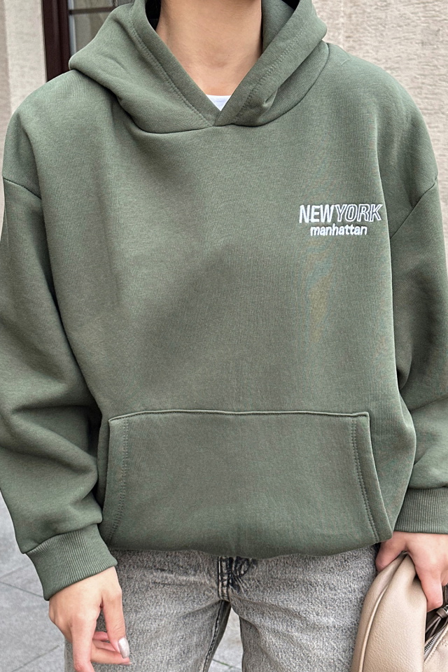 Haki New York Yazılı Kapşonlu Sweat ATE-0446 - 2