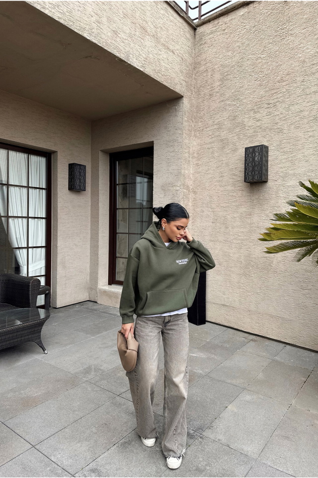 Haki New York Yazılı Kapşonlu Sweat ATE-0446 - 4