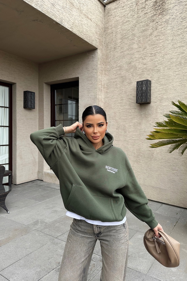 Haki New York Yazılı Kapşonlu Sweat ATE-0446 