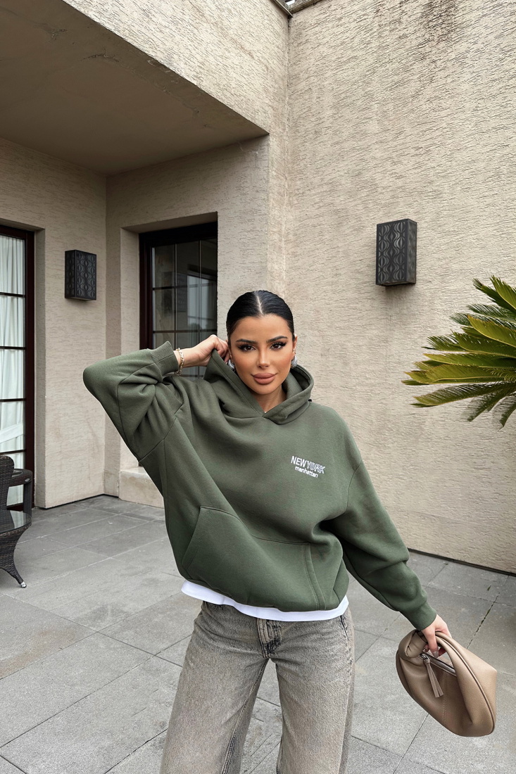 Haki New York Yazılı Kapşonlu Sweat ATE-0446 - EYYO