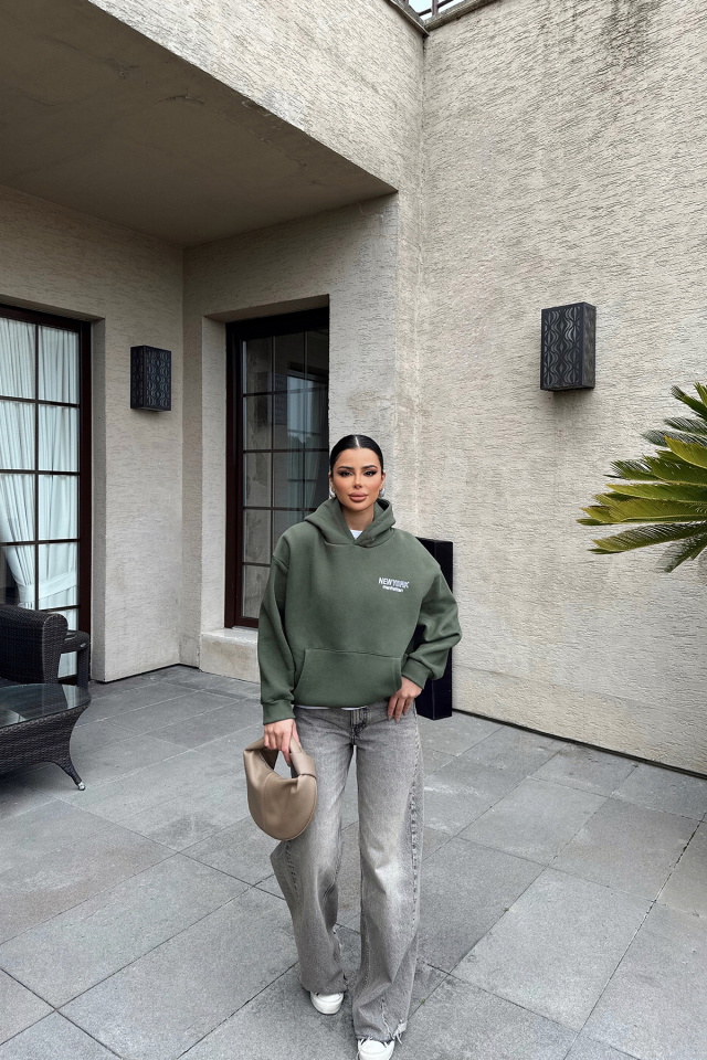 Haki New York Yazılı Kapşonlu Sweat ATE-0446 - 5