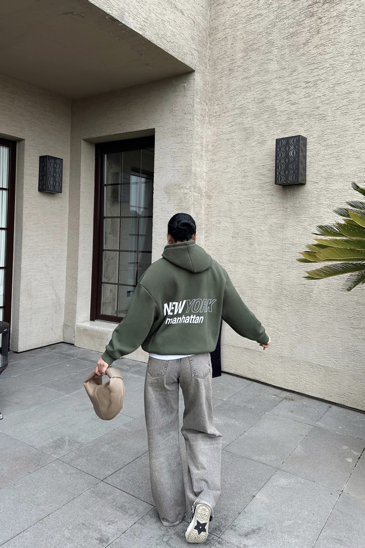 Haki New York Yazılı Kapşonlu Sweat ATE-0446 - EYYO