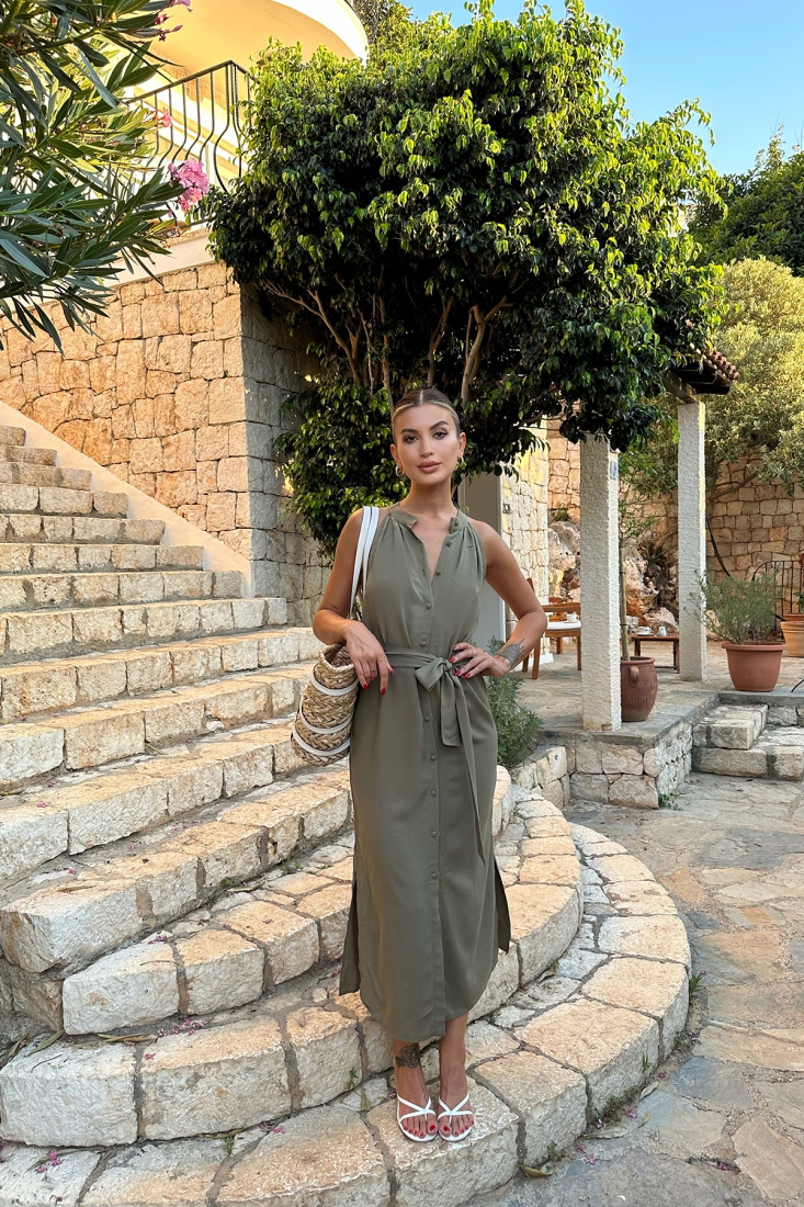 Haki Önü Düğmeli Bağlamalı Elbise ATE7826 - EYYO