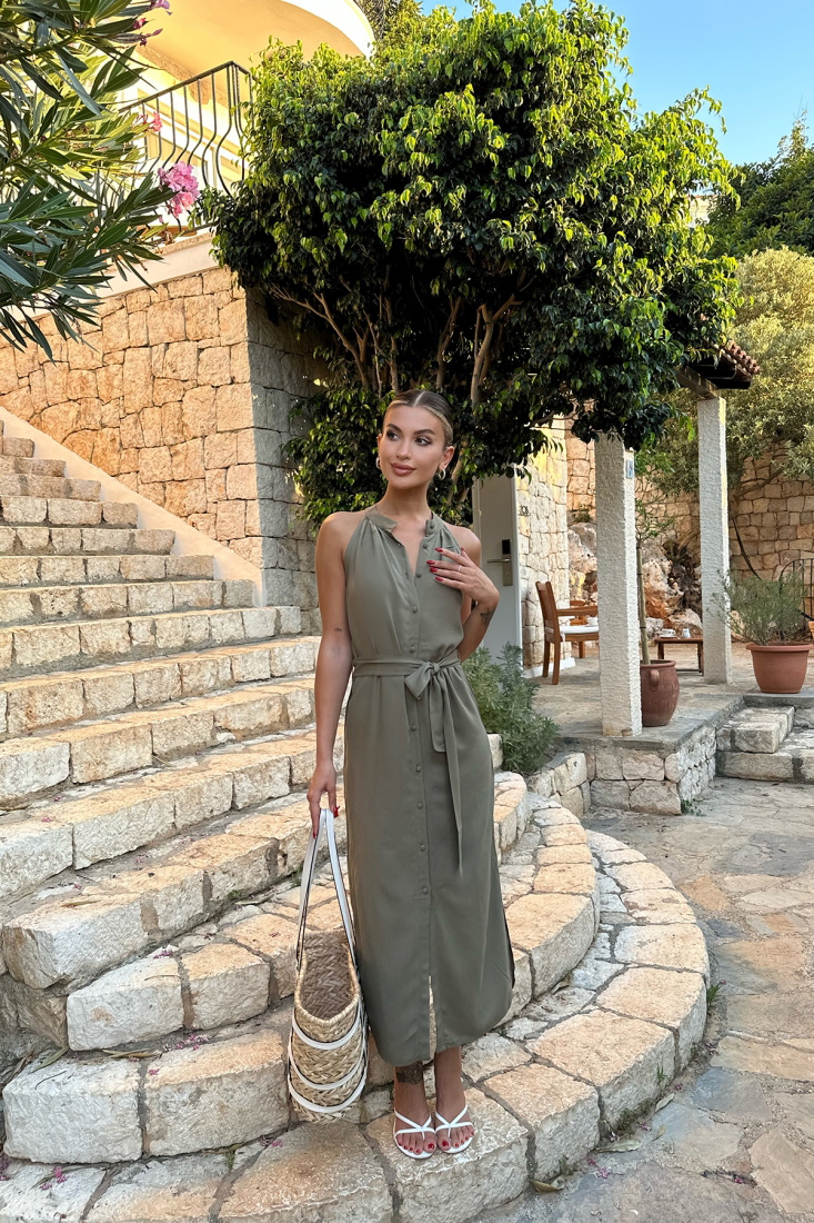 Haki Önü Düğmeli Bağlamalı Elbise ATE7826 - EYYO