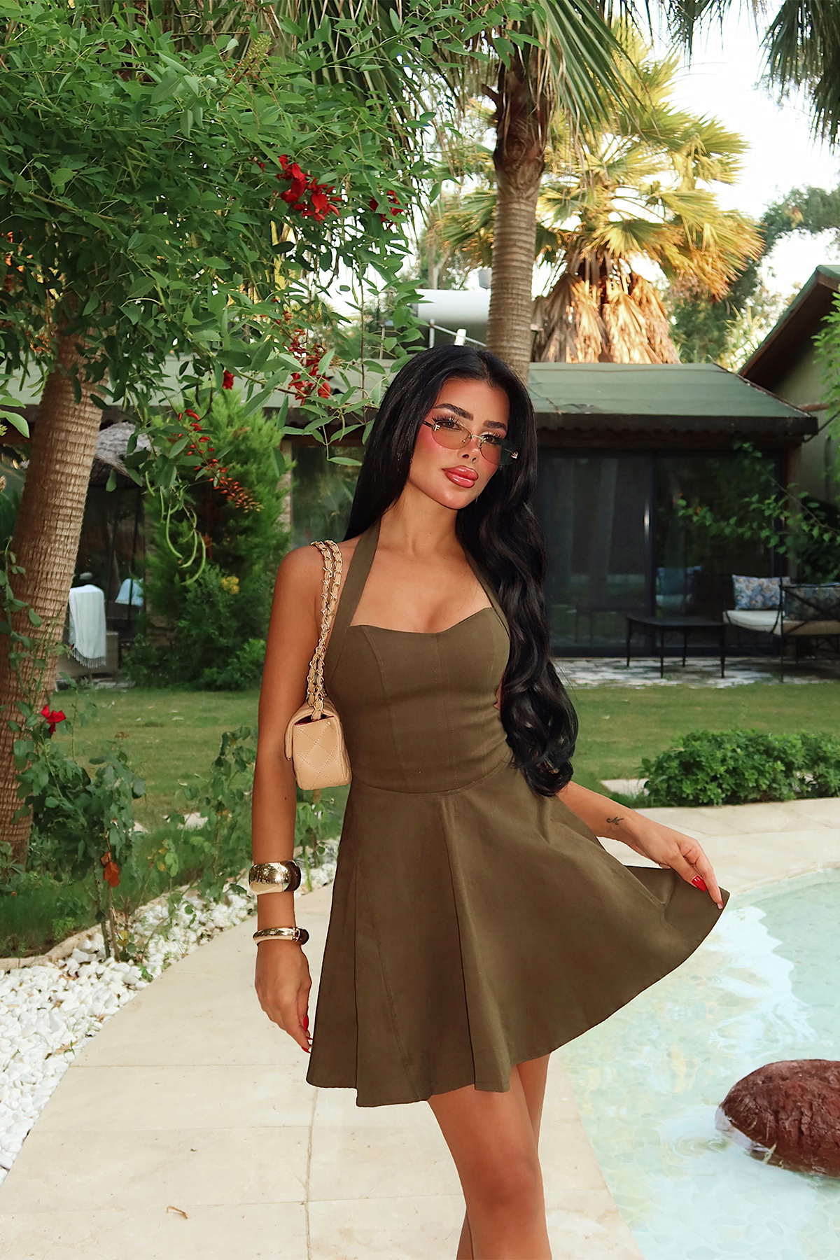 Haki Sırt Detay Askılı Elbise - 2