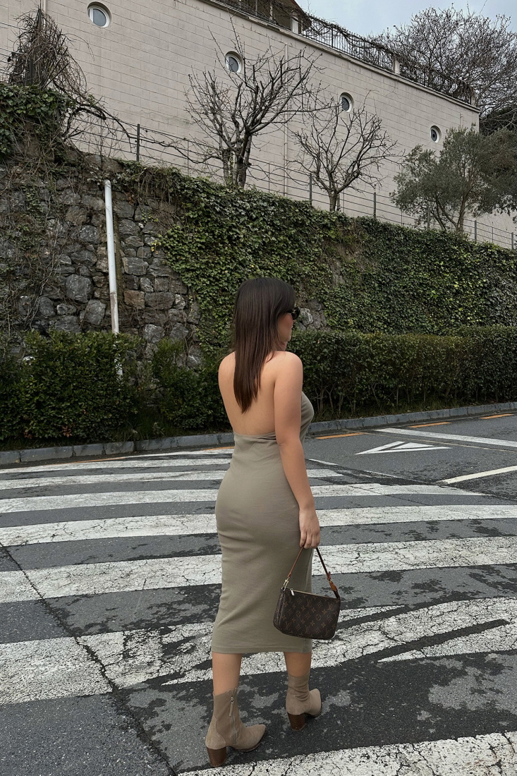 Haki Sırt Detay Uzun Elbise ATE4824 - EYYO