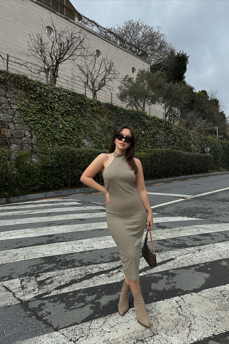 Haki Sırt Detay Uzun Elbise ATE4824 - EYYO