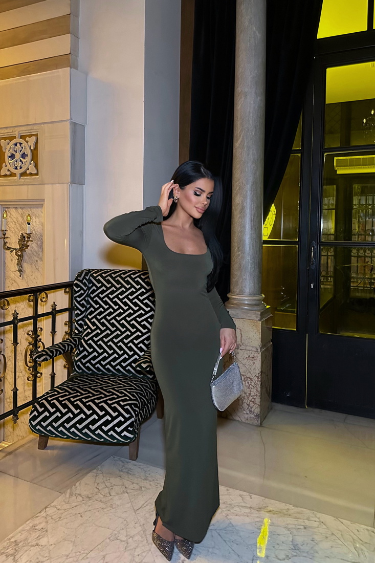 Haki Uzun Kol Basic Elbise ATE8479 - EYYO