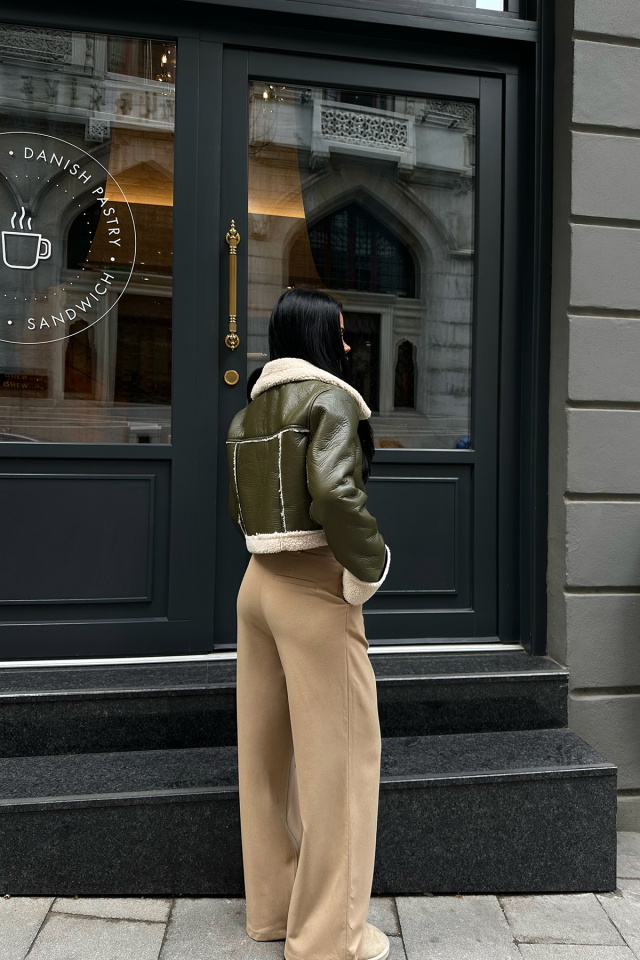 Haki Deri Yün Detay Biker Ceket ATE8638 - 5