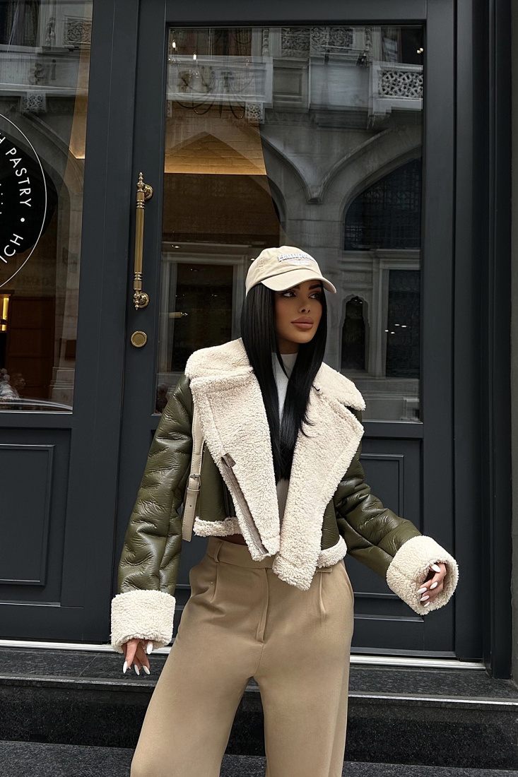 Haki Deri Yün Detay Biker Ceket ATE8638 - EYYO