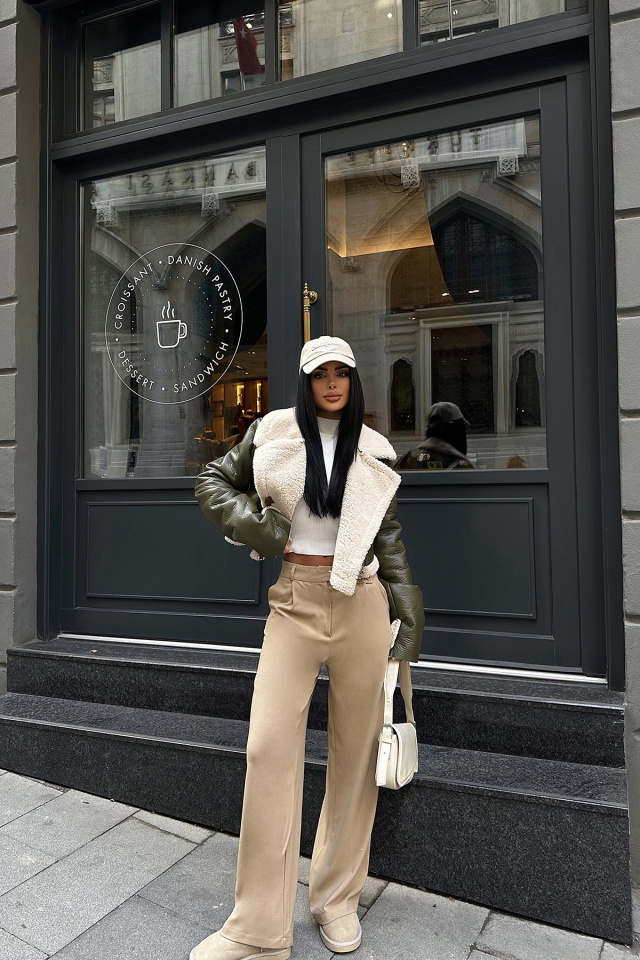 Haki Deri Yün Detay Biker Ceket ATE8638 - 4