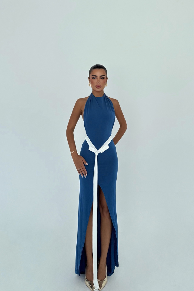 İndigo Giselle Fiyonk Detaylı Yırtmaçlı Elbise ATE-3020 - 1