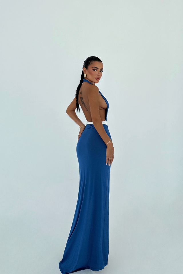İndigo Giselle Fiyonk Detaylı Yırtmaçlı Elbise ATE-3020 - 3