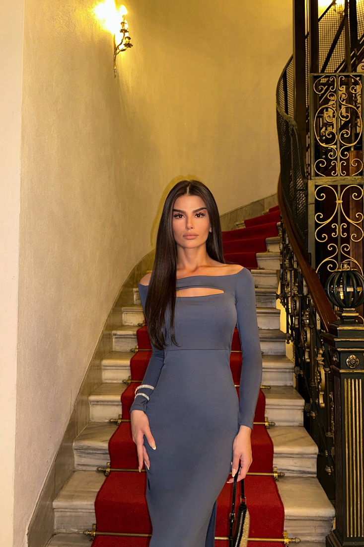 İndigo Pencere Detay Uzun Kol Elbise ATE-0289 - EYYO