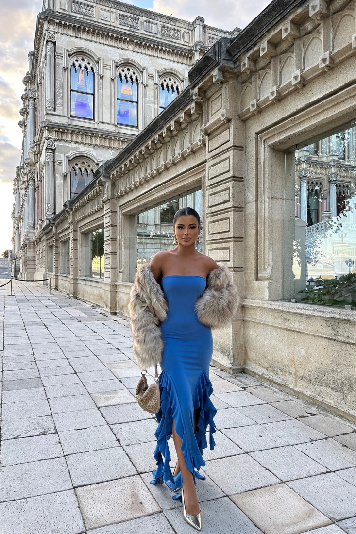 İndigo Straplez Derin Yırtmaçlı Elbise ATE7536 - EYYO