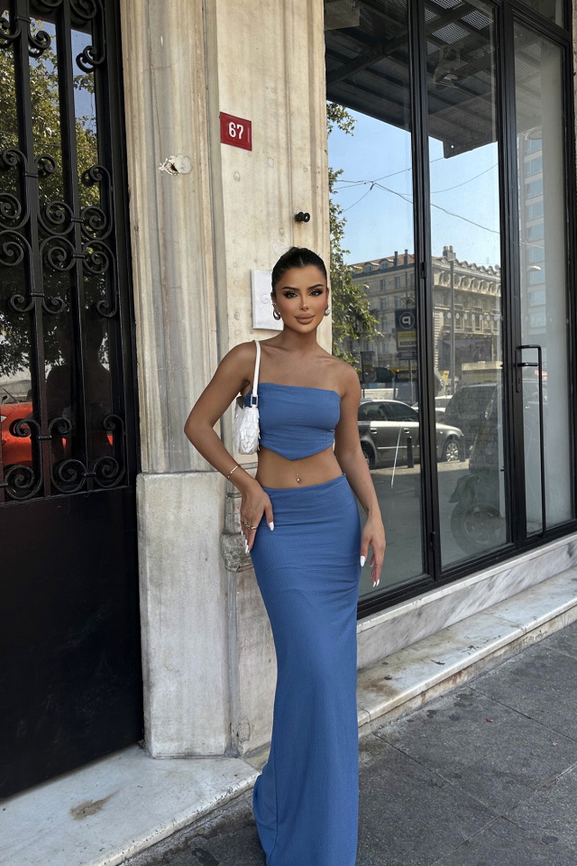İndigo Yırtmaç Detay Etekli Takım ATE8271 