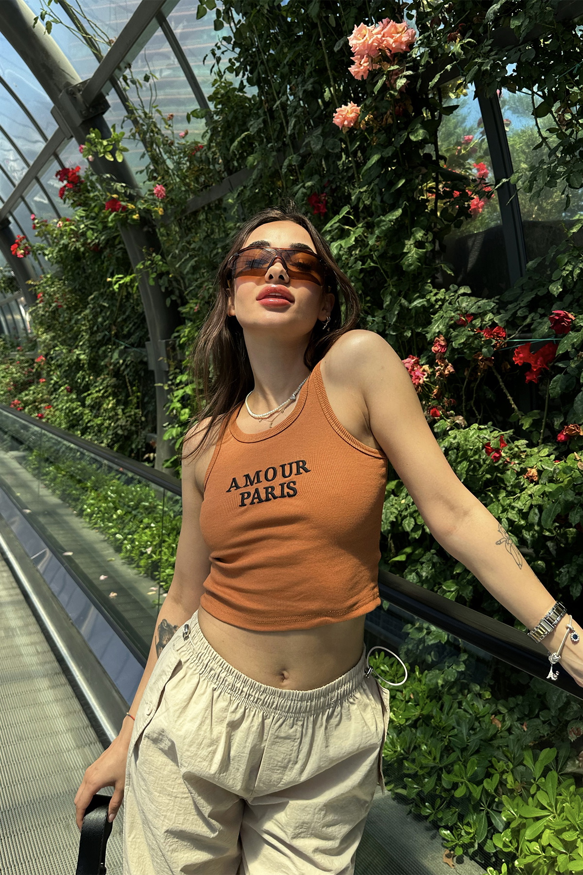 Kahverengi Amour Parıs Yazılı Crop Top ATE7319 - 4