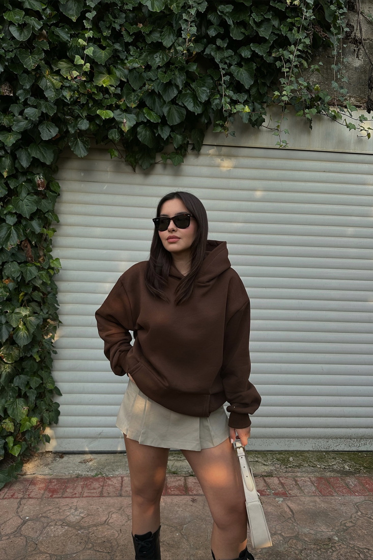 Kahverengi Arkası Baskılı Oversize Sweat ATE3426 - EYYO