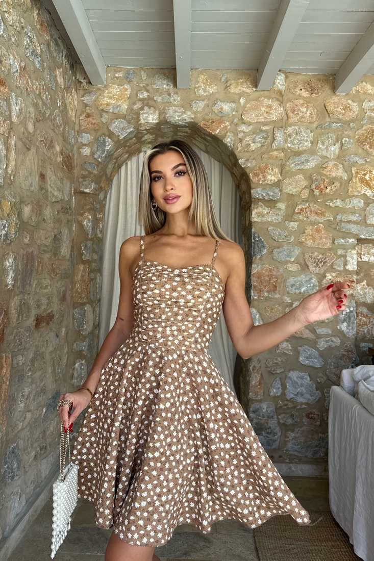 Kahverengi Askılı Çiçek Desen Mini Elbise ATE8057 - EYYO