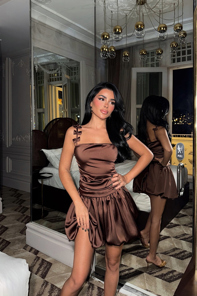 Kahverengi Cecilia Askısı Fiyonk Detaylı Mini Balon Elbise ATE-3340 - 5