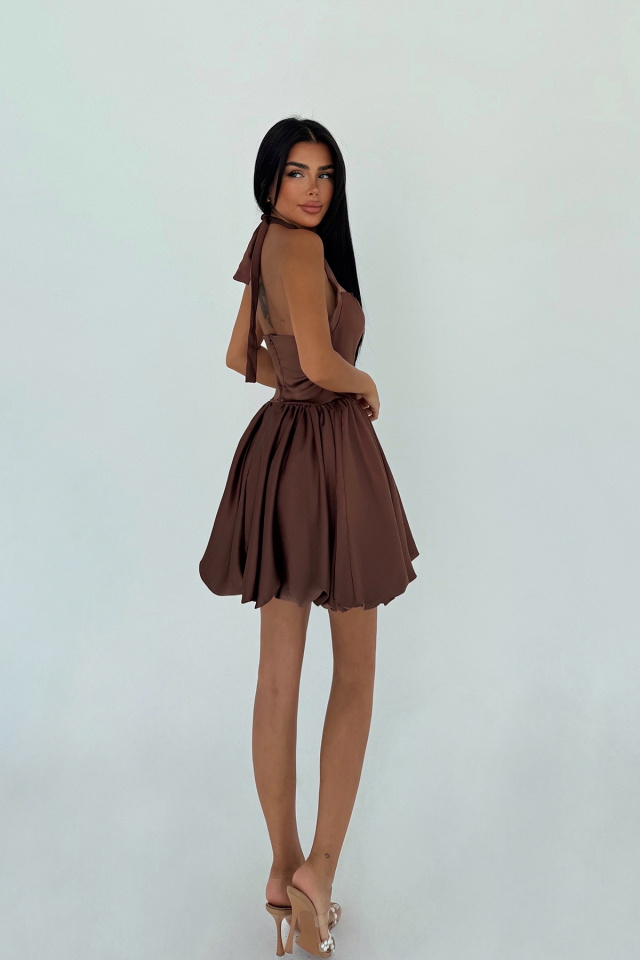 Kahverengi Estella Mini Etek Ucu Balon Elbise ATE-3345 - 3