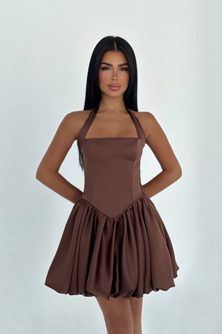 Kahverengi Estella Mini Etek Ucu Balon Elbise ATE-3345 - EYYO